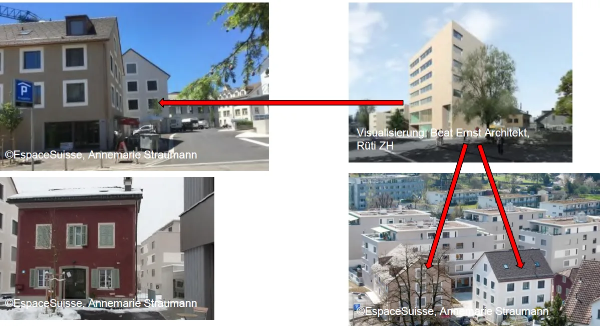 Hier ist ersichtlich, wie das siebenstöckige Gebäude hätte aussehen sollen. Unten sieht man das Gebäude, das alternativ gebaut wurde. Ein Bildauszug mit verschiedenen Häusern.
